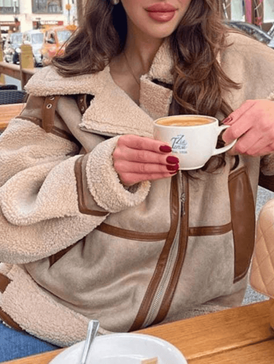 Inrosy manteau aviateur suedine poches ceinture fermeture éclair col revers manches longues femme mode décontracté hiver veste