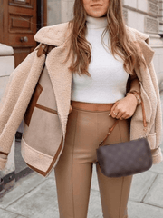 Inrosy manteau aviateur suedine poches ceinture fermeture éclair col revers manches longues femme mode décontracté hiver veste