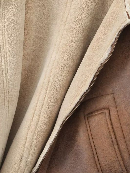 Inrosy manteau aviateur simili cuir avec polaire chunky buckle col revers manches longues femme style boyfriend vintage veste