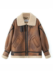 Inrosy manteau aviateur simili cuir avec polaire chunky buckle col revers manches longues femme style boyfriend vintage veste