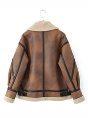 Inrosy manteau aviateur simili cuir avec polaire chunky buckle col revers manches longues femme style boyfriend vintage veste