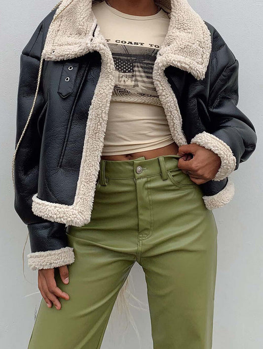 Inrosy manteau aviateur simili cuir avec polaire col revers manches longues femme casual style boyfriend mode décontracté hiver veste