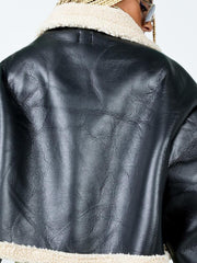 Inrosy manteau aviateur simili cuir avec polaire col revers manches longues femme casual style boyfriend mode décontracté hiver veste