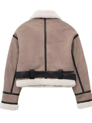 Inrosy manteau aviateur suedine polaire poches ceinture col revers manches longues femme casual mode décontracté veste