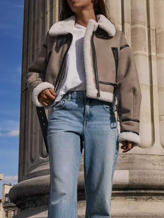 Inrosy manteau aviateur suedine polaire poches ceinture col revers manches longues femme casual mode décontracté veste