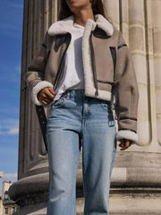 Inrosy manteau aviateur suedine polaire poches ceinture col revers manches longues femme casual mode décontracté veste