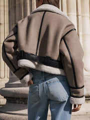 Inrosy manteau aviateur suedine polaire poches ceinture col revers manches longues femme casual mode décontracté veste