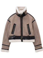 Inrosy manteau aviateur suedine polaire poches ceinture col revers manches longues femme casual mode décontracté veste
