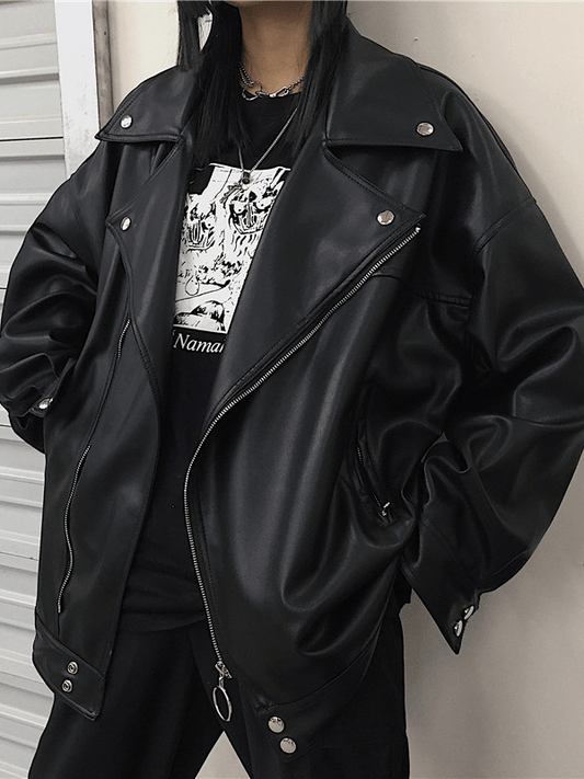 Inrosy perfecto vestes simili cuir poches fermeture éclair col revers manches longues femme oversized vintage décontracté style motard