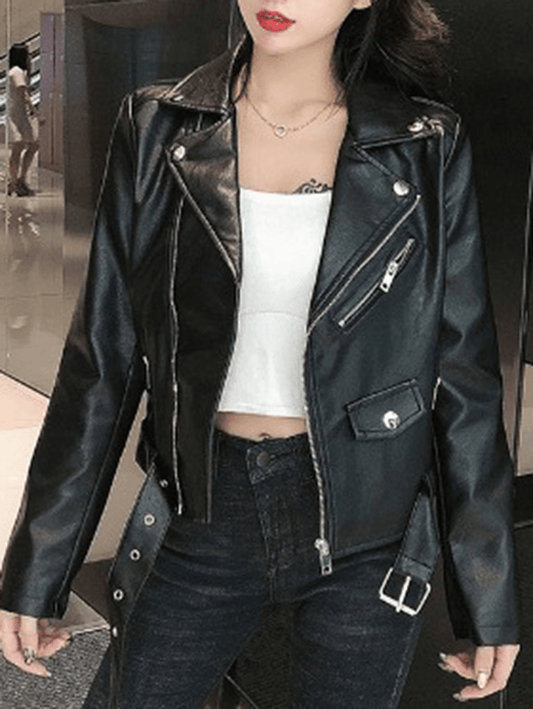 Inrosy court perfecto femme simili cuir ceinture fermeture éclair col revers manches longues femme mode décontracté veste motard