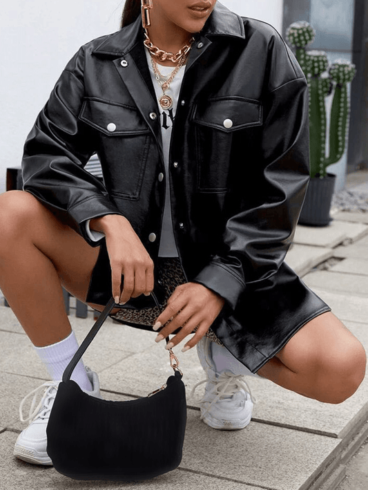 Inrosy veste motard simili cuir boutonnage poches col revers manches longues femme mode oversized décontracté