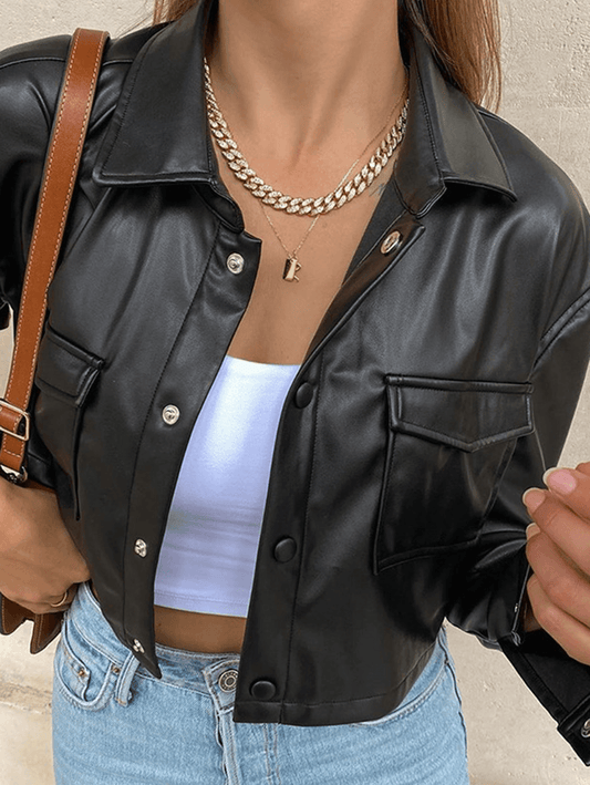 Inrosy court veste motard cropped simili cuir boutonnage poches col revers manches longues femme casual mode décontracté automne