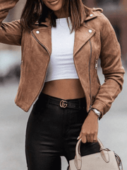Inrosy court perfecto femme suedine daim fermeture éclair découpe v manches longues femme mode décontracté veste