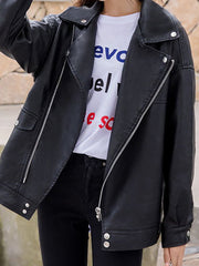 Inrosy perfecto en simili cuir boutons fermeture éclair manches longues femme style boyfriend oversized décontracté automne veste noir