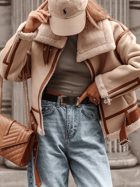 Inrosy court manteau aviateur polaire poches ceinture chunky buckle col reversfemme oversized décontracté hiver bombardier