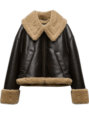 Inrosy court manteau aviateur simili cuir polaire poches fermeture éclair col revers femme oversized décontracté hiver veste
