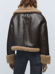 Inrosy court manteau aviateur simili cuir polaire poches fermeture éclair col revers femme oversized décontracté hiver veste