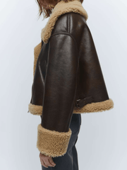 Inrosy court manteau aviateur simili cuir polaire poches fermeture éclair col revers femme oversized décontracté hiver veste