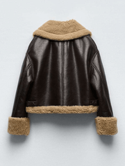 Inrosy court manteau aviateur simili cuir polaire poches fermeture éclair col revers femme oversized décontracté hiver veste