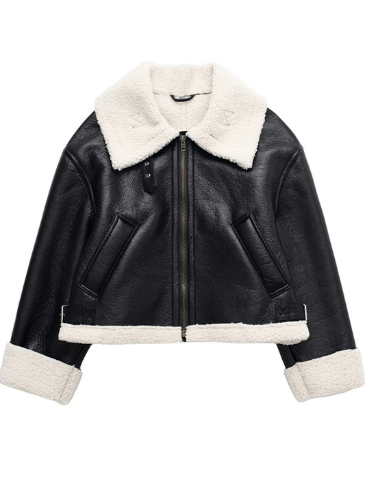 Inrosy manteau aviateur court veste de moto d'hiver pour femme simili cuir double polaire col revers manches longues