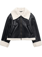 Inrosy manteau aviateur court veste de moto d'hiver pour femme simili cuir double polaire col revers manches longues