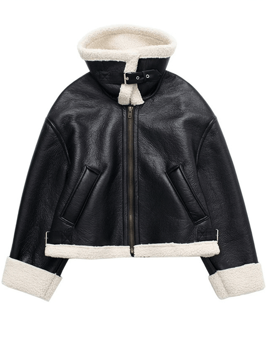 Inrosy manteau aviateur court veste de moto d'hiver pour femme simili cuir double polaire col revers manches longues