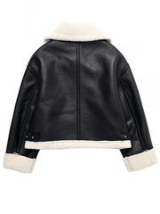 Inrosy manteau aviateur court veste de moto d'hiver pour femme simili cuir double polaire col revers manches longues