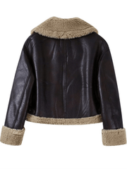 Inrosy manteau aviateur court veste de moto d'hiver pour femme simili cuir double polaire col revers manches longues