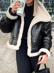 Inrosy veste simili cuir manteau aviateur doublé polaire poches fermeture éclair col revers femme mode oversized décontracté manteau hiver