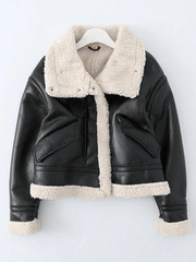Inrosy veste simili cuir manteau aviateur doublé polaire poches fermeture éclair col revers femme mode oversized décontracté manteau hiver