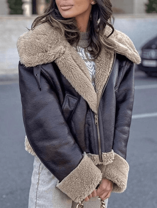 Inrosy manteau aviateur simili cuir doublé polaire imitation laine poches ceinture col revers femme mode décontracté hiver veste