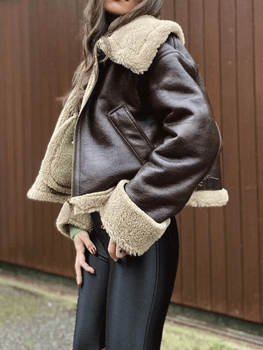 Inrosy manteau aviateur simili cuir doublé polaire imitation laine poches ceinture col revers femme mode décontracté hiver veste