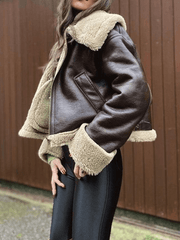 Inrosy manteau aviateur simili cuir doublé polaire imitation laine poches ceinture col revers femme mode décontracté hiver veste