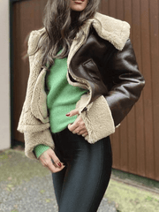 Inrosy manteau aviateur simili cuir doublé polaire imitation laine poches ceinture col revers femme mode décontracté hiver veste