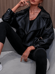 Inrosy court veste en simili cuir poches chunky buckle découpe v manches longues femme mode décontracté manteau