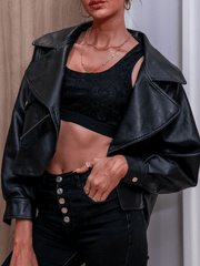 Inrosy court veste en simili cuir poches chunky buckle découpe v manches longues femme mode décontracté manteau