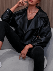 Inrosy court veste en simili cuir poches chunky buckle découpe v manches longues femme mode décontracté manteau