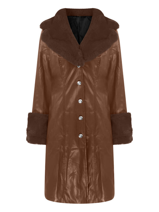 Inrosy longue veste en simili cuir boutonnage col revers fausse fourrure col manches longues femme mode oversized décontracté