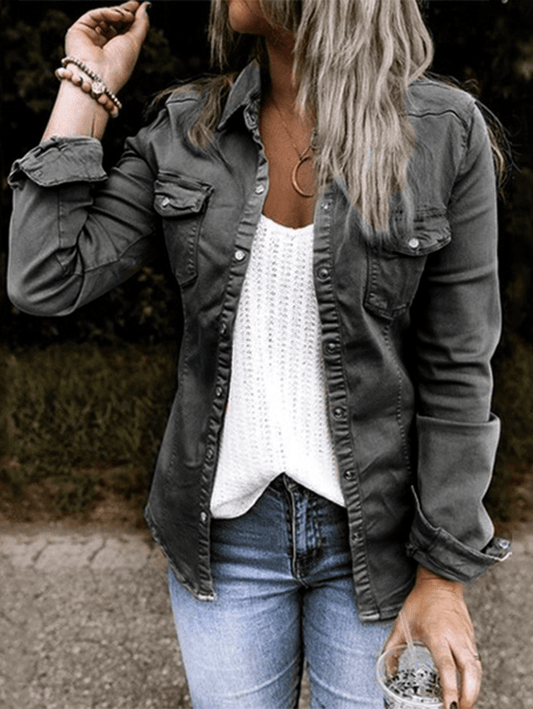 Inrosy veste en jean boutonnage poches col chemise manches longues femme casual mode décontracté veste