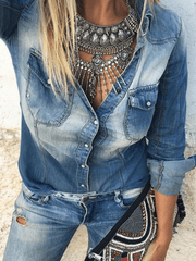 Inrosy blouse en jean boutonnage poches col chemise manches longues femme mode vintage décontracté veste