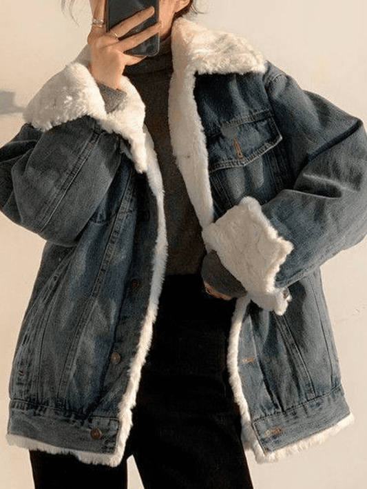 Inrosy veste en jean polaire molleton boutonnage poches col revers manches longues femme mode ample décontracté hiver parka