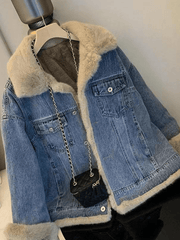 Inrosy veste en jean polaire molleton boutonnage poches col revers manches longues femme mode décontracté hiver manteau
