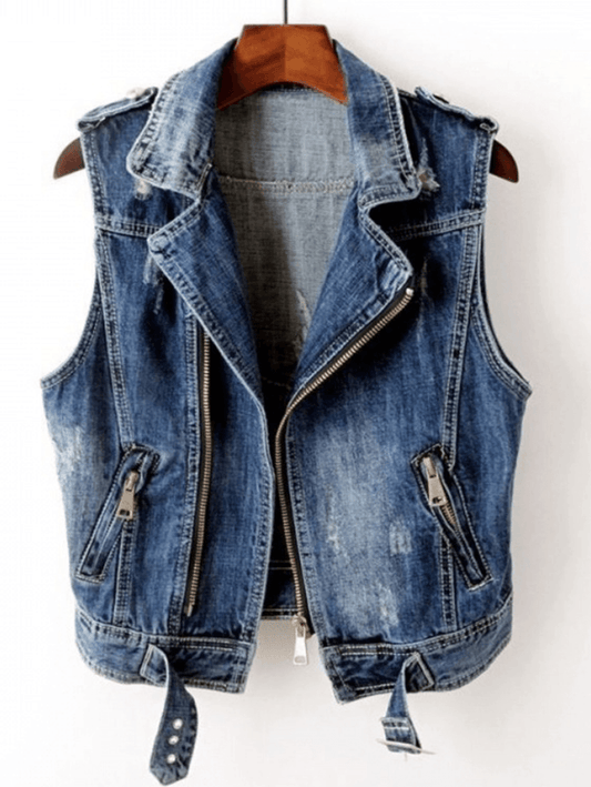 Inrosy débardeur en jean déchiré troué fermeture éclair col revers sans manches femme style boyfriend mode décontracté veste automne