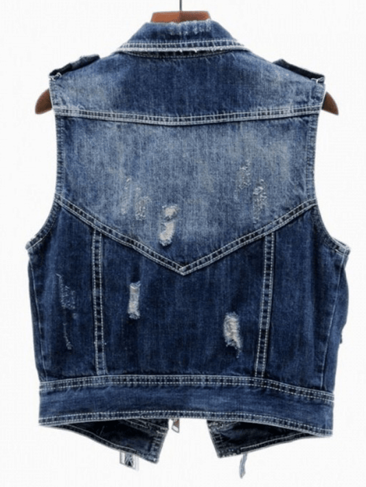 Inrosy débardeur en jean déchiré troué fermeture éclair col revers sans manches femme style boyfriend mode décontracté veste automne