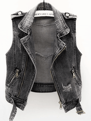 Inrosy débardeur en jean déchiré troué fermeture éclair col revers sans manches femme style boyfriend mode décontracté veste automne