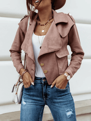 Inrosy court perfecto femme suedine daim boutonnage poches col revers manches longues femme mode décontracté veste