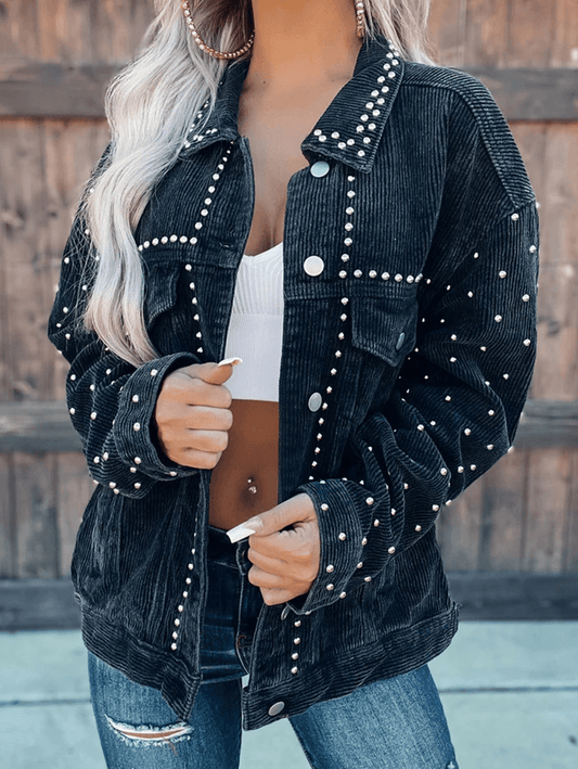 Inrosy veste en velours cotelé boutonnage poches rivet col revers manches longues femme style boyfriend mode décontracté