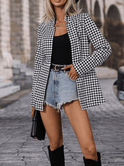 Inrosy mi-longue blazer pied de poule col montant manches longues femme élégant mode veste officier