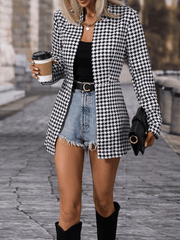 Inrosy mi-longue blazer pied de poule col montant manches longues femme élégant mode veste officier