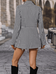 Inrosy mi-longue blazer pied de poule col montant manches longues femme élégant mode veste officier